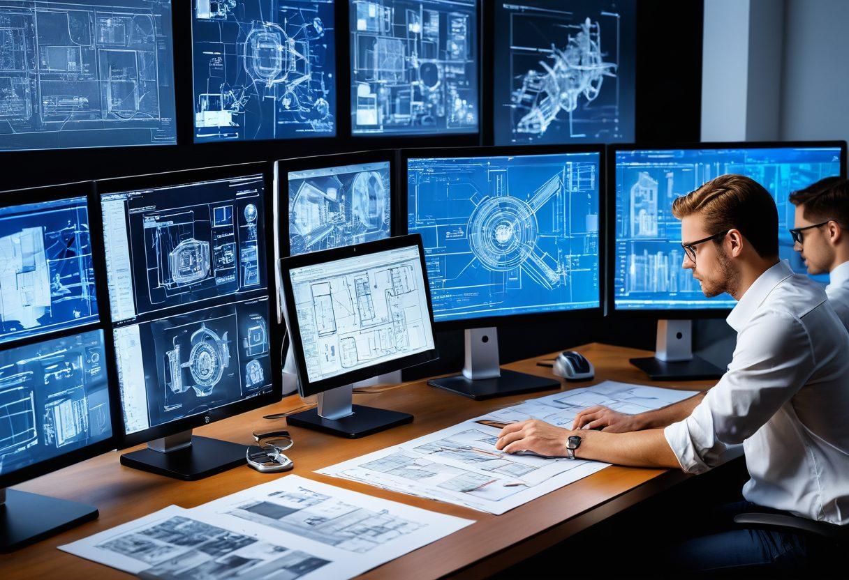 A dynamic collage of various CAD tools at work, featuring vibrant computer screens displaying intricate architectural blueprints and 3D models. Include an architect sketching plans with advanced design software, alongside engineers collaborating over a digital table with holographic projections of their designs. Bright, energetic colors and modern, sleek interfaces to convey innovation in engineering and design. digital art. vibrant colors. 3D elements.