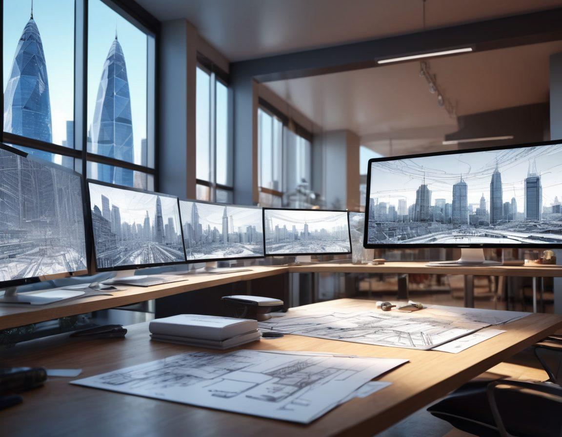 A futuristic architectural workspace featuring sleek CAD software on multiple screens displaying intricate building designs, blueprints, and 3D models. The environment should be bright and inspiring, filled with modern tools and a large, panoramic window showcasing a city skyline. Include an architect at work, deeply focused on the designs, with a digital tablet and sketches scattered around. Use style elements like vibrant colors and a modern feel to evoke creativity. super-realistic. vibrant colors. 3D.